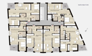 Geschossplan mit Übersicht zu den Mietwohnungen im 1. Obergeschoss im Haus 01 Carré 4