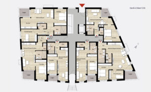Geschossplan mit Übersicht zu den Mietwohnungen im Erdgeschoss im Haus 01 Carré 4